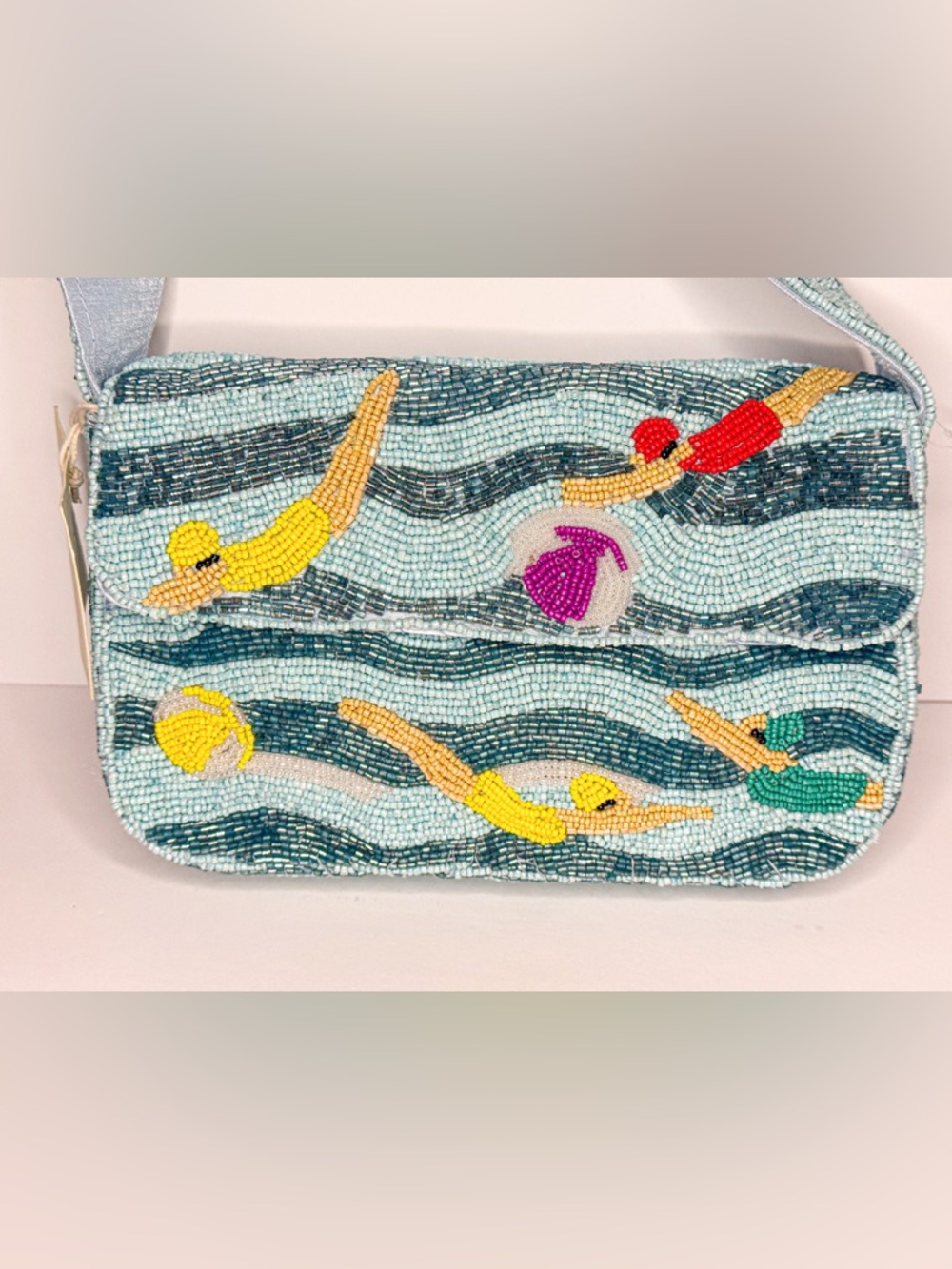 Beaded Swimmers Shoulder Bag - Light Blue